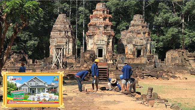 ក្រុមអ្នកបច្ចេកទេសអាជ្ញាធរជាតិអប្សរា ជួសជុលកម្រាលផ្លូវចូលប្រាសាទព្រះគោ